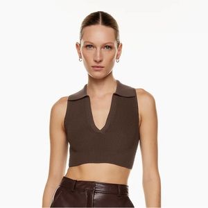 Aritzia babaton sculpt knit polo top small (rich mocha brown)